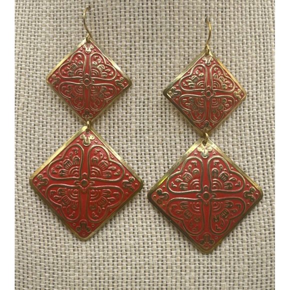 Allison Reed Floral Earrings Vintage Gold Tone Red Square Dangle Embossed - Picture 5 of 6